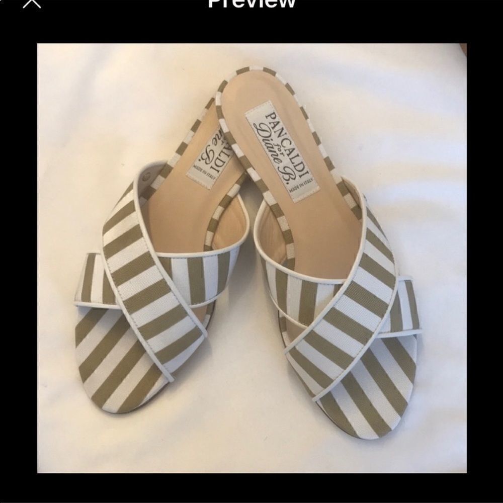 DIANE B. TAUPE/WHITE CRISS CROSS SLIDES.  …